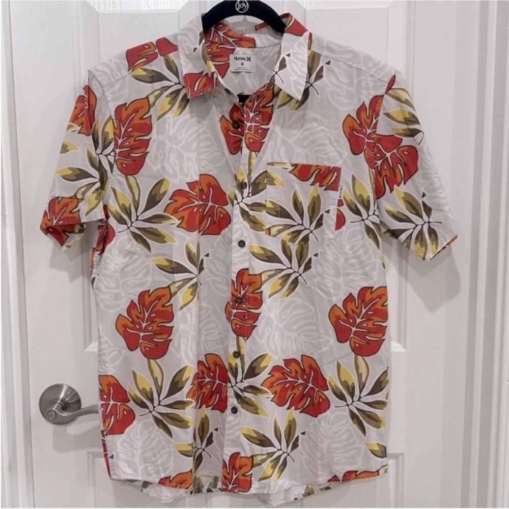 Hurley Short Sleeve Organic Cotton Button Down Gray, Orange & Green Palm Print - Picture 2 of 10